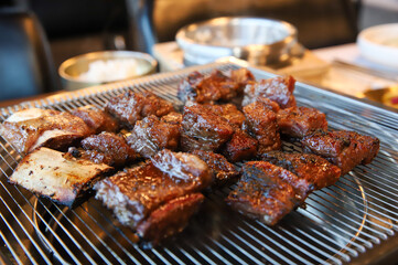 Korean traditional BBQ food. raw beef ribs