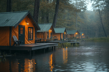 Fototapeta premium Cozy Cabins Lakeside Autumnal Forest Retreat