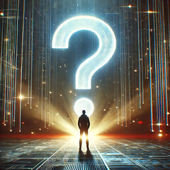 person in front of a question mark