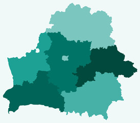 Map of Belarus with regions. Just a simple country border map with region division. Teal color palette. Blank Republic of Belarus shape with administrative division. Vector illustration.