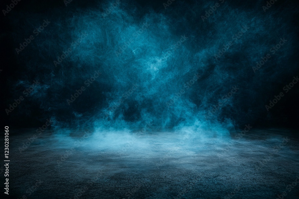Poster a background showcasing an empty space of a grungy concrete floor, enveloped in fog or mist, with a 