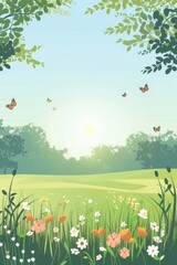 Flower meadow, spring meadow landscape, nature cartoon, Easter background, vertical picture