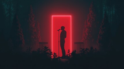 Silhouette of a Singer Performing in a Misty Forest with a Neon Red Doorway Backdrop