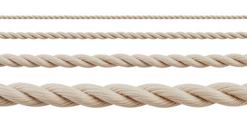 Four twisted cotton ropes of different thicknesses lying horizontally on white background