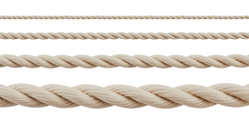 Four twisted cotton ropes of different thicknesses lying horizontally on white background