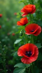 Obraz premium Vines twine around large red poppies amidst lush green foliage, foliage, green, leaves