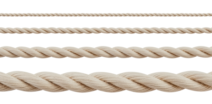 Four twisted cotton ropes of different thicknesses lying horizontally on white background