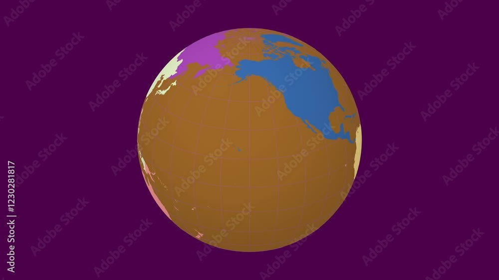 Poster rotating planet. slanted sphere view. slow speed earth rotation. colored continents style. world map
