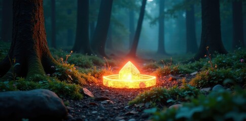 Naklejka premium Luminous, ethereal light emanates from a glowing, crystalline circle in the forest floor, mystic, crystalline