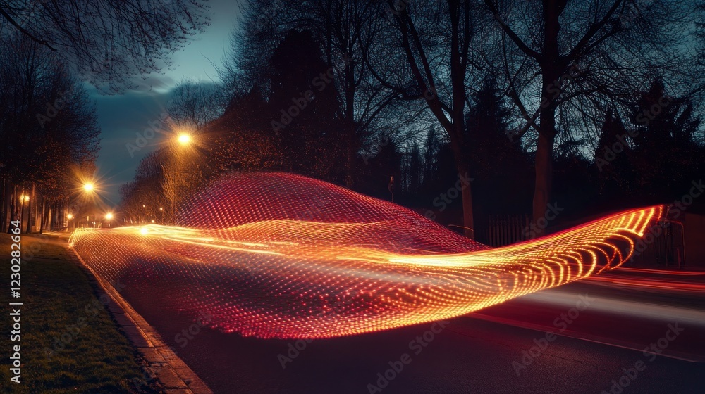 Poster long-exposure light trails streak across a nighttime road, tracing the movement of vehicles and crea