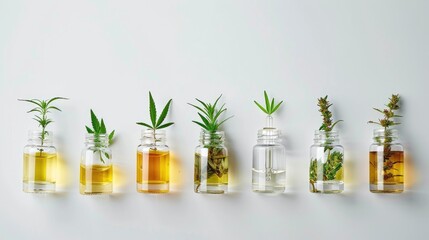 CBD oil infusion in the little jars with lids with cannabis leaves inside on white background