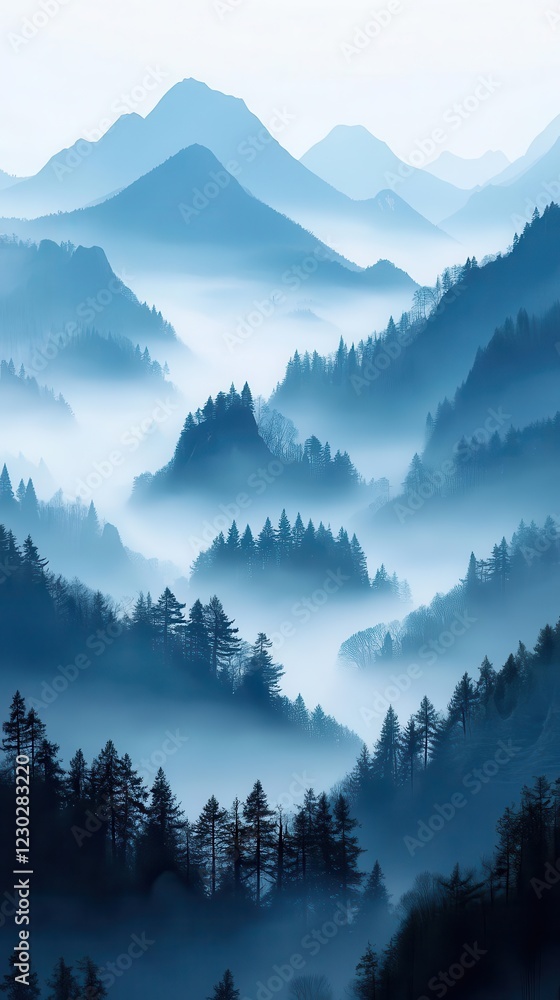 Poster muted mountain range silhouettes with misty layers create a calming and atmospheric scene in the bac