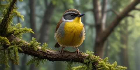 Fototapeta premium Small bird with yellow belly and brown back in the forest on a branch , raleigh north carolina, brown back, warbler