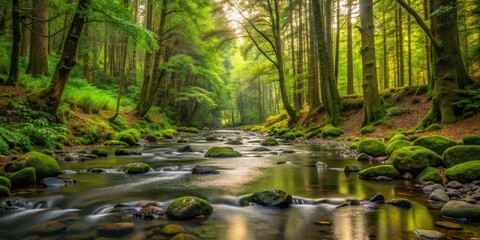 Obraz premium Slowly flowing stream in a dense forest, surrounded by tall trees and overgrown vegetation, with a few small rocks and pebbles, rocks, forest