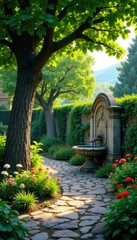 Obraz premium Serene garden with ancient trees and stone fountain, paesaggio, struttura, archeologia