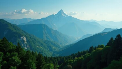 Fototapeta premium Serene mountains rising above lush green forests, mountains, serene, nature