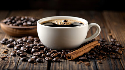 Fototapeta premium Aromatic coffee in white cup surrounded by coffee beans and cinnamon
