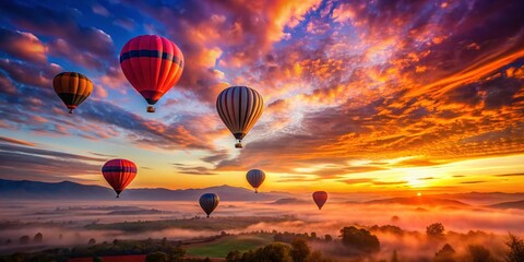 Obraz premium Magical Sunrise Hot Air Balloons Long Exposure Over Serene Landscape