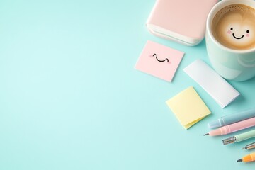 A cute and aesthetic kawaii desk setup with pastel-colored stationery, notebooks, pens, and decorations, creating a cozy and creative workspace.

