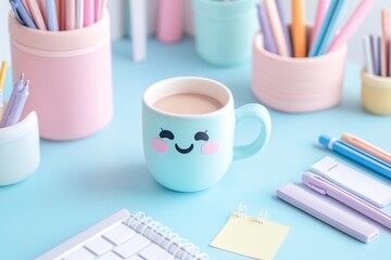 A cute and aesthetic kawaii desk setup with pastel-colored stationery, notebooks, pens, and decorations, creating a cozy and creative workspace.

