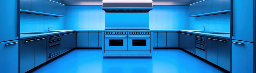 Modern blue kitchen interior with sleek cabinets and professional cooking appliances.