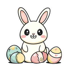 Obraz premium Adorable cartoon bunny surrounded by pastel Easter eggs, perfect for springtime celebrations and festive greetings.