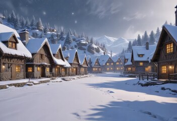 Fototapeta premium Snowflakes gently falling on a snow-covered village, snow-covered buildings, cozy atmosphere