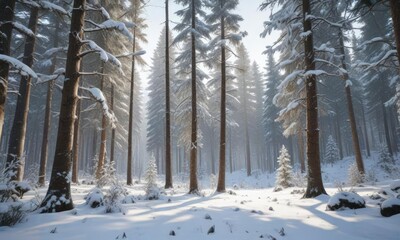 Fototapeta premium Snowy forest landscape with tall trees and snow-covered branches, tall trees, snowcovered