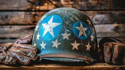 Vintage helmet and gloves on wooden crate evoking the somber atmosphere of wwii battles