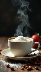Steaming cup on beans with sugar and milk background, beans, breakfast, sugar