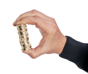 Stack of coins between the thumb and forefinger of a hand