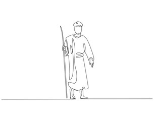 Continuous one line drawing of shepherd. One line drawing illustration of male farmer. Herdsman, farmer, ranchman concept single line. Editable outline