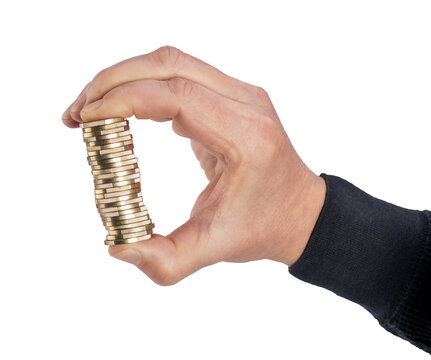 Stack of coins between the thumb and forefinger of a hand
