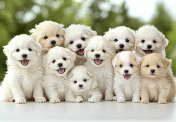 A joyful group of fluffy puppies sitting together, showcasing their playful expressions and adorable features against a natural backdrop.