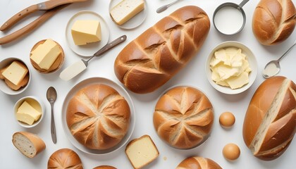 Pan recién horneado, mantequilla y varios utensilios para hornear sobre un fondo blanco