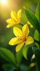 Obraz premium Sunlit yellow ylang ylang Cananga odorata flowers on tree branches, morning dew, green leaves, summer garden