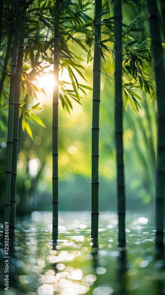 Poster a serene and natural bamboo forest with soft sunlight filtering through, creating a blurred and drea