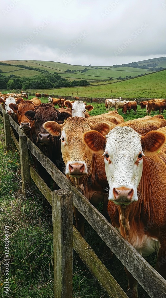 Poster a group of inquisitive cows stands close to a rustic wooden fence, gazing intently. the rolling gree