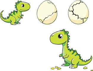 Cute dinosaur hatching from cracked eggs