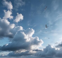 Fototapeta premium Soft focus on a cloudy sky with soft blue undertones and subtle bird movements , natural ambiance, pale blue, gentle haze, misty atmosphere, serene backdrop