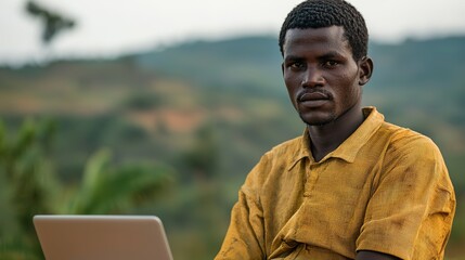 Young man working on laptop outdoors rural setting portrait nature background focused expression