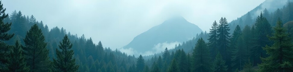 Obraz premium Tall mountain pine trees amidst misty weather, foggy, trunks, evergreen