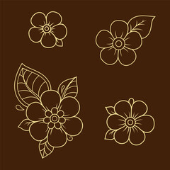 Set of Mehndi flower pattern for Henna drawing and tattoo. Decoration in ethnic oriental, Indian style. Doodle ornament. Outline hand draw vector illustration.