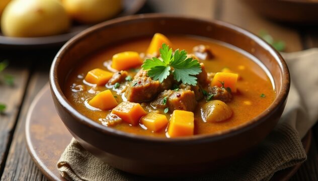 A bowl of warm parmentier made with beef, roasted pumpkin, and boiled potatoes, soup, parmentier, beef