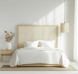 A serene bedroom featuring a light-colored bed with a woven headboard, soft bedding, a bedside table, and natural light streaming through large windows.