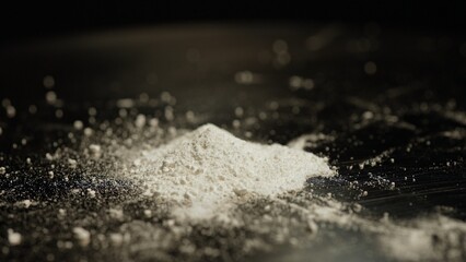 Crushed to powder prescription opioid oxy pills drugs spilled at table for snorting. Opioids cause dependence, addiction and overdose. National Opioid Awareness Day. Potential side affects risks.