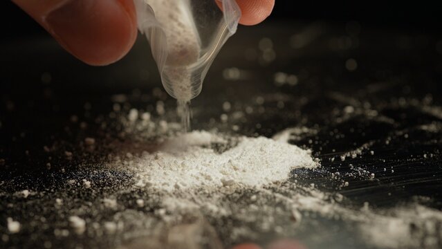 Person preparing illegal street drugs like white crystalline powder for consumption by snorting. Opioid epidemic is a major public health crisis leading to addiction, overdoses, and deaths.