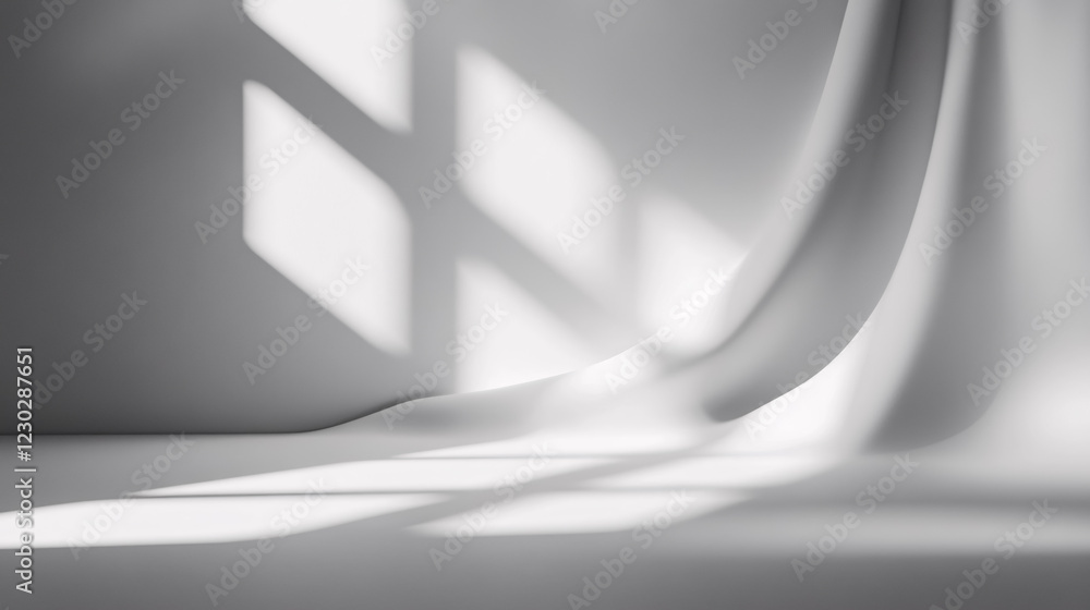 Poster abstract white studio background suitable for product presentations, featuring shadows from window d