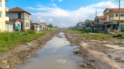 Reflecting cloudy sky, a journey down muddy road with puddle muddy