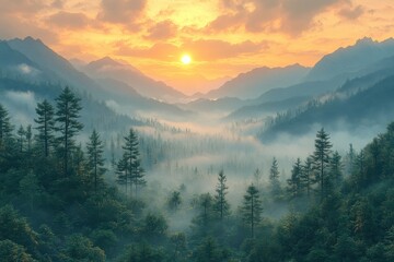 Obraz premium Sunrise over a misty mountain valley surrounded by lush evergreen forests